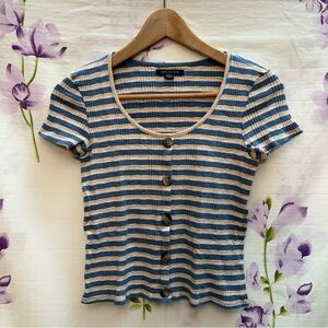 American Eagle Blue And Orange Striped Short Sleeve Scoop Neck Button Shirt